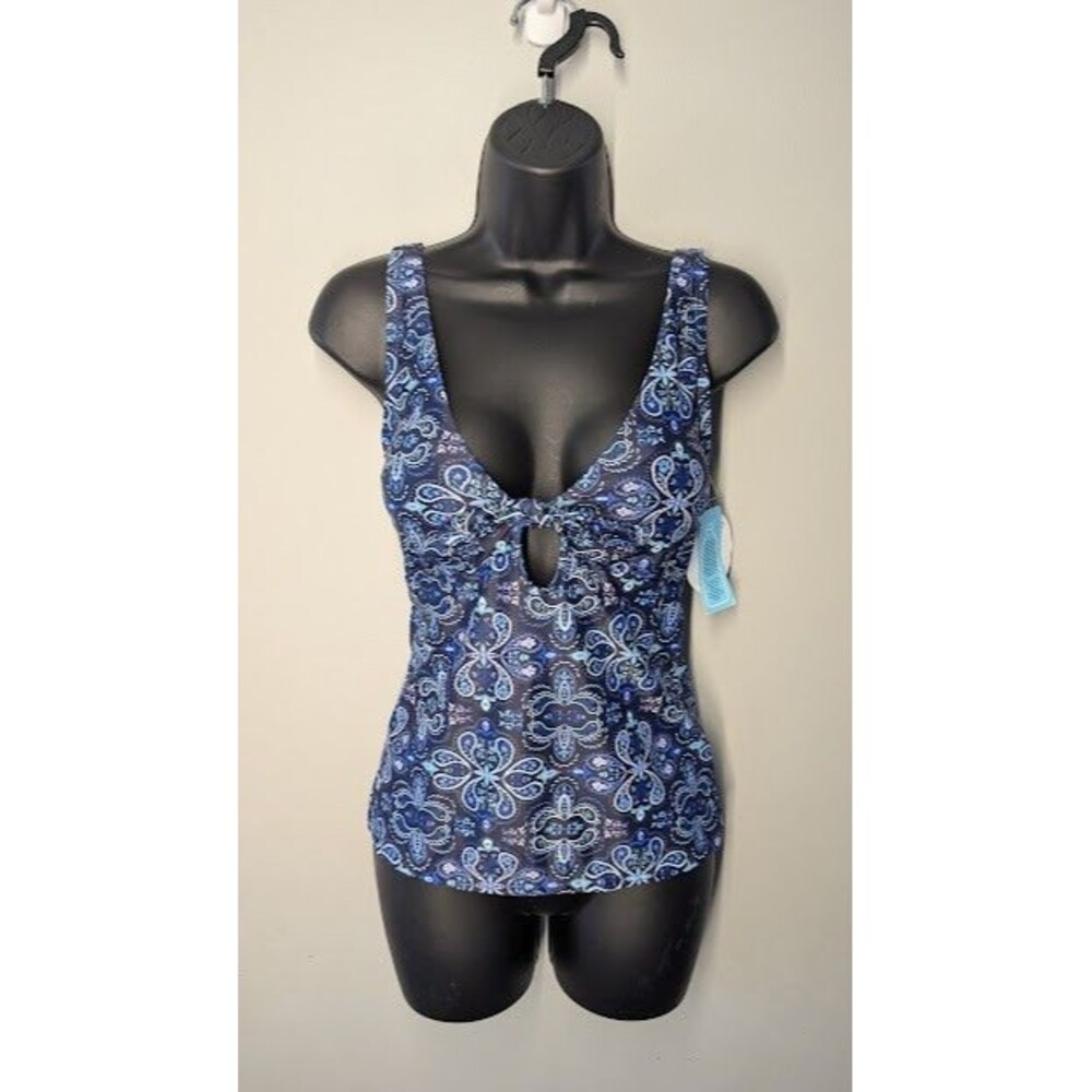 NWT Sol Borne Tankini Swim Top Women Size Medium Blue Pattern Adjustable Straps